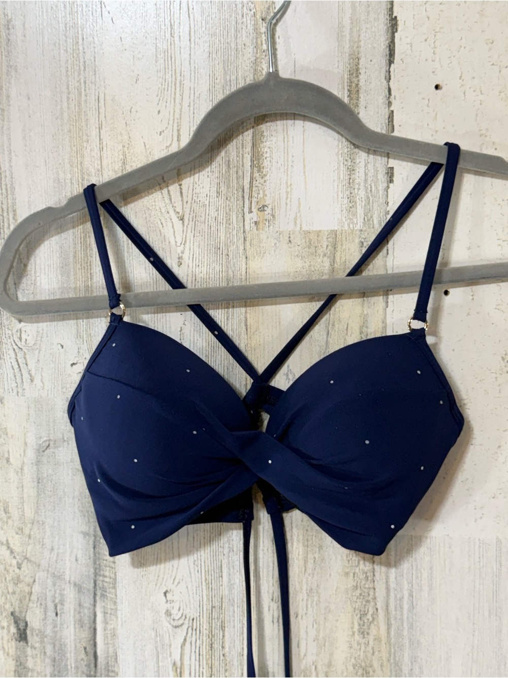 Robin Piccone Navy Twist-Front Swim Bra with Rhinestone Accents